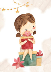 watercolor Christmas girl template for nursery, baby shower, invitation for birthday party