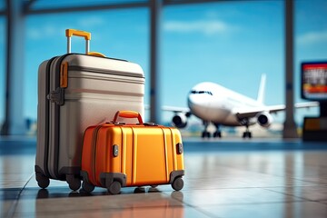 Airport journey. Spacious terminal with travelers luggage and bags departure and arrival. Scene captures bustling of air travel showcasing passengers suitcases and backpacks on airport floor