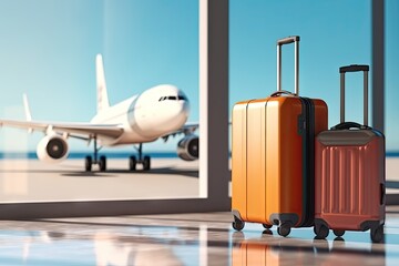 Airport journey. Spacious terminal with travelers luggage and bags departure and arrival. Scene captures bustling of air travel showcasing passengers suitcases and backpacks on airport floor