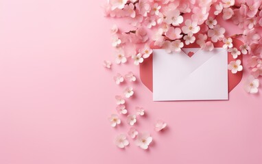 Valentines Day background. Pink flowers envelope heart