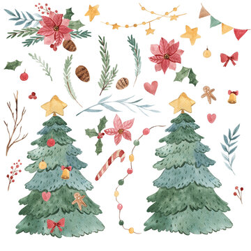 Watercolor Christmas tree illustration for kids