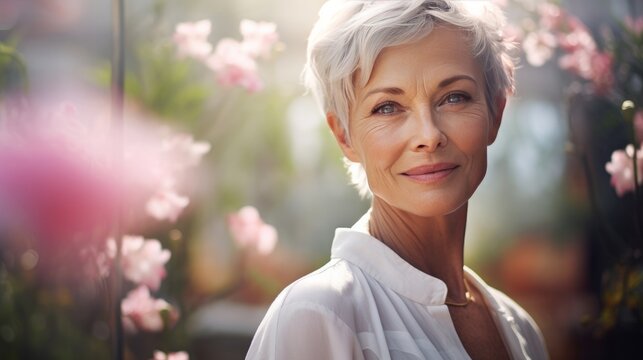 Older woman, short white and light pink hair, white shirt, graceful, close up, photo realistic, garden background