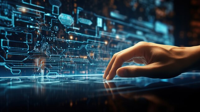 Close up of businessman hand touching image of modern networking digital connection conceptin the style of robotic expressionism