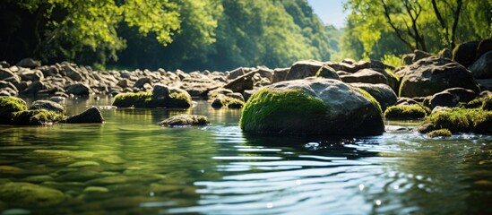 A river with blurred water motion and a large rock in the foreground, set in a lush green landscape...
