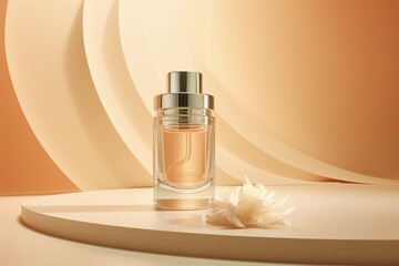 Naklejka premium A perfume bottle and a flower on the podium, the color is peach fuzz.