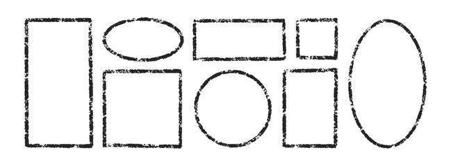 Chalk rectangle and oval frames set. Hand drawn pencil square and circle borders. Ink empty rectangle stamp. Grunge black text frame. Vector illustration isolated on white background.