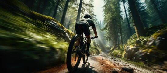 Fast cycling in the forest with motion blur, perfect for sport, race, or adventure in summer.