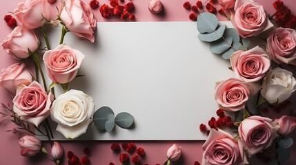 A white card surrounded by pink roses and eucalyptus leaves