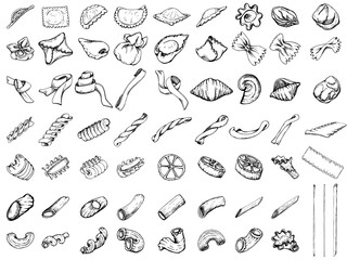 Hand drawn vector ink illustration. Types of pasta assortment Italian cuisine traditional dish. Set of single object elements isolated on white. Restaurant, menu, food shop and package, flyer, print.