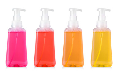 Set of colored plastic bottle with liquid laundry detergent, cleaning agent, bleach or fabric softener isolated on white background