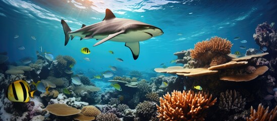 Blacktip Reef sharks in tropical waters above coral reef.