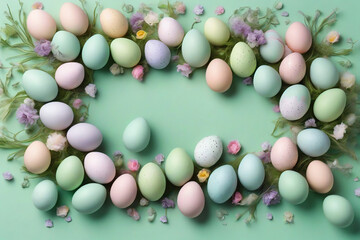 Easter frame of pastel colored eggs on light green background. Banner, top view with copy space