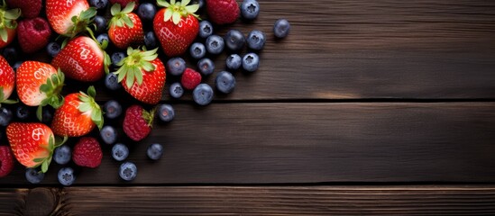 Assorted strawberries and blueberries on a wooden board with space for copy, in summer.