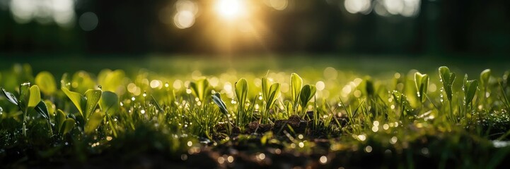An abstract background image for creative content in a wide format, featuring sprouts illuminated by the morning sun with a shallow depth of field. Photorealistic illustration