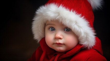 Portrait of cute baby with blue eyes in santa claus hat and red coat, in the style of minimalism