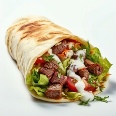 loaded beef wrap with veggies and sauces on a copy space 