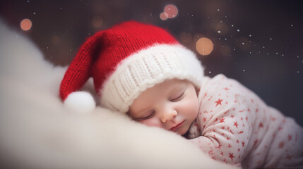 Cute newborn baby in santa claus hat sleeping on soft and fluffy pillow, in the style of dreamy atmosphere