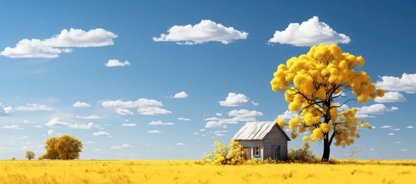 An abstract background image for creative content in a wide format, featuring a rustic shack, a tall yellow tree, and a yellow plainfield, creating a distinctive composition. Photorealistic illustrati