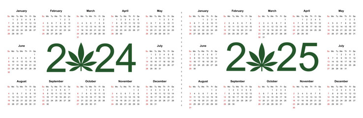 Marijuana calendar for 2024 and 2025 year. Medical Cannabis. Simple Vector Template. Isolated vector illustration on white background.