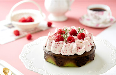 Raspberry cream cake, Chinese pastry, pink background, indoor