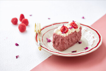 Raspberry cream cake, Chinese pastry, pink background, indoor