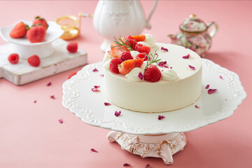 Raspberry cream cake, Chinese pastry, pink background, indoor