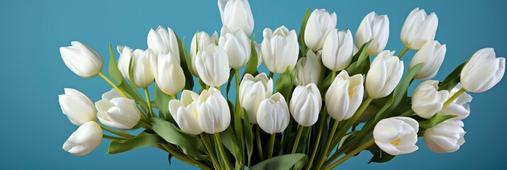 Fototapeta na wymiar White Tulips On Blue Background Top, Banner Image For Website, Background, Desktop Wallpaper