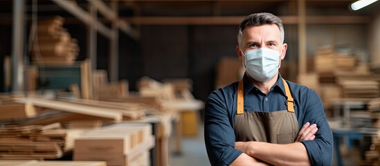 Woodworking engineer in factory wearing face mask, standing with arms crossed and facing camera.