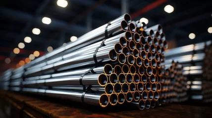 Foto op Aluminium Steel Pipes bunch on the rack in warehouse,generative AI © JKLoma