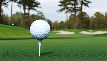 Close up shot of golf ball on tee , grass background