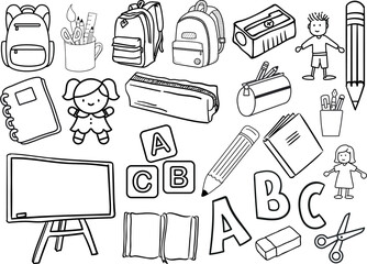 Back to School black glyph cartoon set. black Illustration Education concept icon kit. First day school equipment, Hand drawn vector collection.
