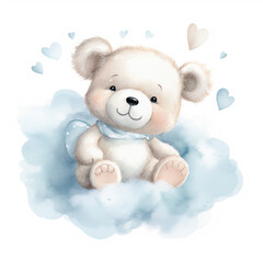 Cute baby teddy bear sleeping on the cloud Illustration, Generative Ai
