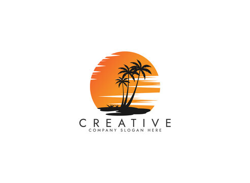 Coconut Tree Logo, Palm Tree Sunset Beach Vector, Elegant Minimalist Simple Design, Symbol Template Icon Free Vector