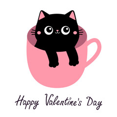 Happy Valentines Day. Cat in tea coffee cup. Paws hand. Black kitten with pink ears, cheeks. Cute cartoon funny baby animal pet character. Greeting card. Flat design. White background.