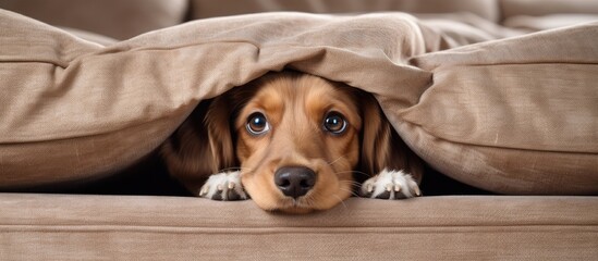 Cute pup concealed beneath couch at house - obrazy, fototapety, plakaty