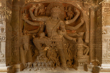 Shiva Gajasamharamurti, slaying the Elephant Demon, Kailasha temple, Ellora, Maharashtra, India,...