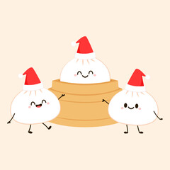 Cute Dim sum character, traditional Chinese dumplings, with funny smiling faces. Kawaii Asian food vector. wood basket.