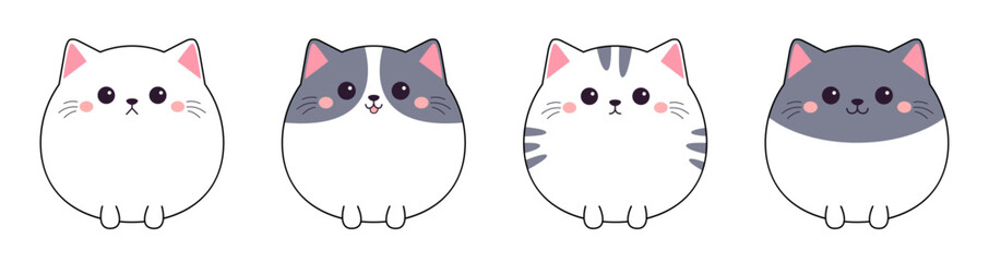 Round cat kitten, kitty with paws. Icon set line. Cute face. Different emotions, colors. Cartoon kawaii funny character. Contour line doodle. Paper sticker print. Flat design. White background. - obrazy, fototapety, plakaty