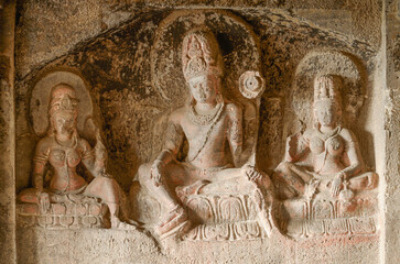Cave 12 : Avalokitesvara, Tara and Bhrikuti, Ellora Caves, Aurangabad, Maharashtra, India - obrazy, fototapety, plakaty