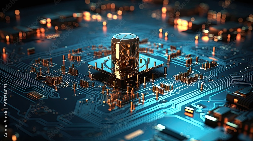 Poster modern computer board microcircuit microchip motherboard with processor and transistors electronics 