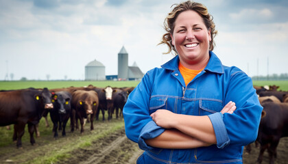 overweight female Dutch farmer on his agriculture field with cows ,generative ai - obrazy, fototapety, plakaty
