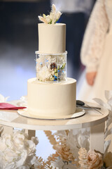 Wedding cake during the celebration of the wedding event.
