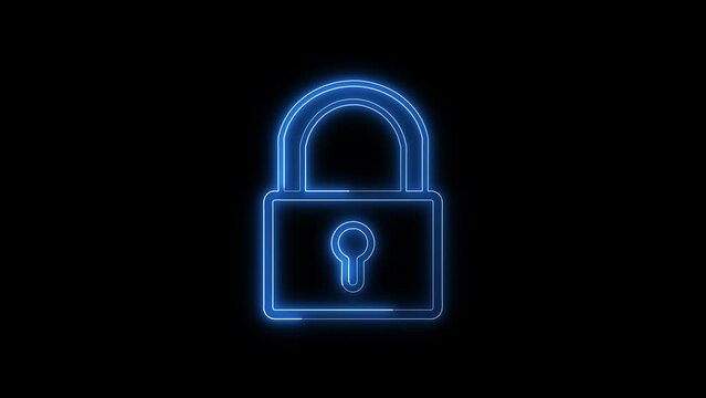 Neon blue padlock icon animated on a black background. Symbolizing cyber security and digital privacy.