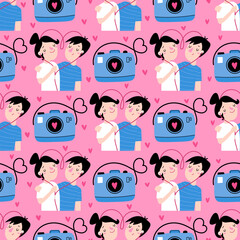 Couple with headphones seamless pattern - 691314966
