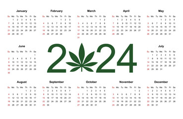 Marijuana calendar for 2024. Medical Cannabis. Simple Vector Template. Isolated vector illustration on white background.