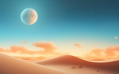 Happy Ramadan poster. Sand-dunes with moon, orange clouds and copy space. Minimalistic photorealistic landscape with toned colors. AI generative.