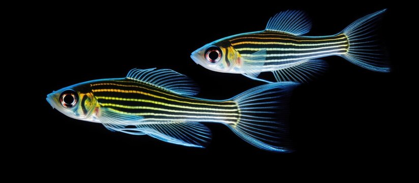 A pair of zebrafish known as zebra danio with veil fin.