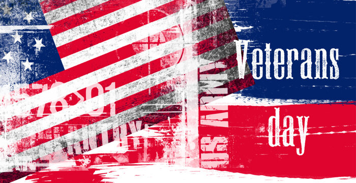 Grungy American flag on blue red brushed background. Veterans day holiday concept. Vector illustration
