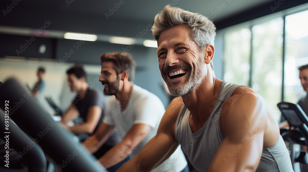 Wall mural exercise bikes training with a group of cyclists laughing