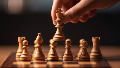 Close-up of a hand making a decisive move with a chess piece ,generative ai